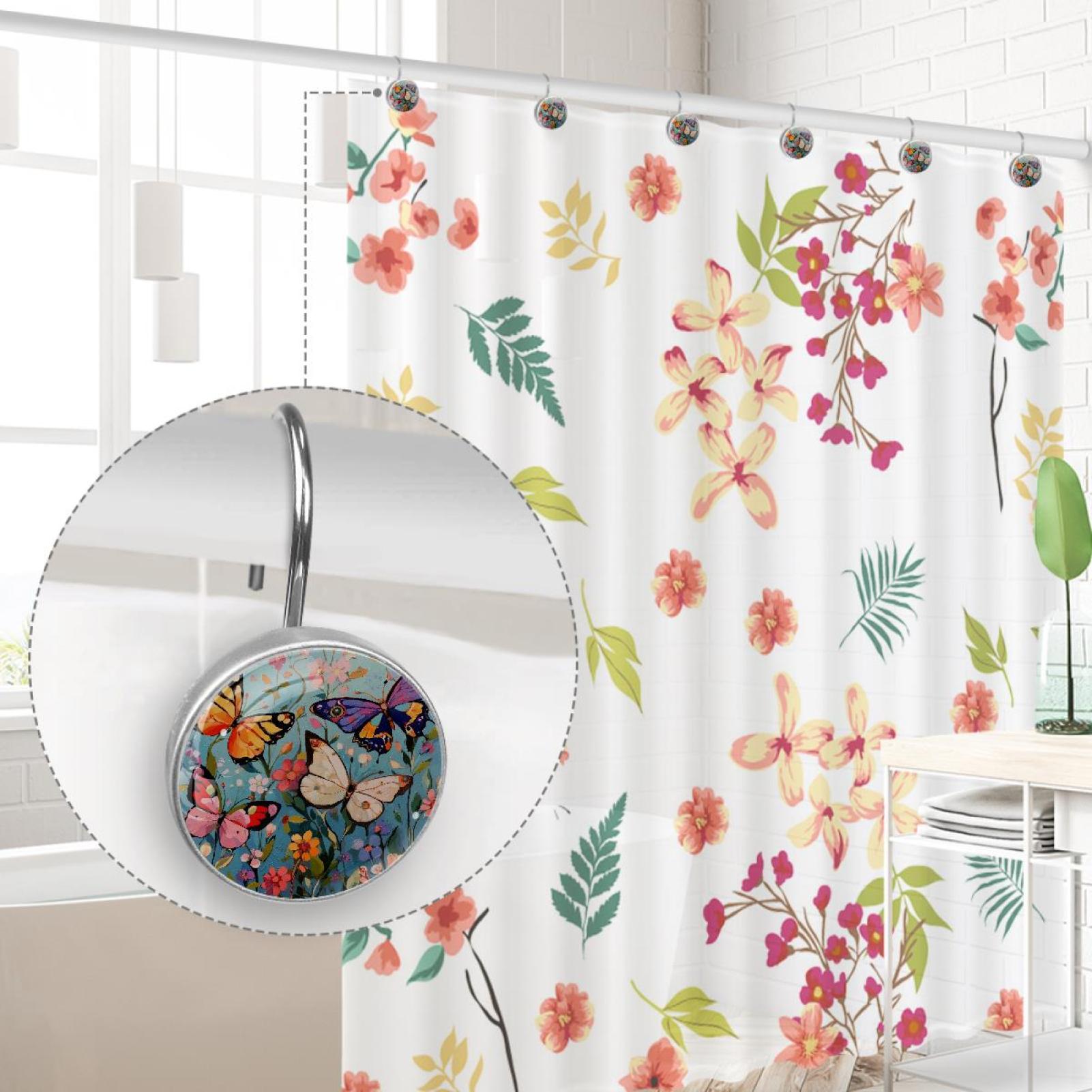Wildflowers Butterfly Painting Shower Curtain Hooks Round Crystal Glass, Set of 12 Shower Curtain Rings - Shower Hooks for Curtain Shower Rings