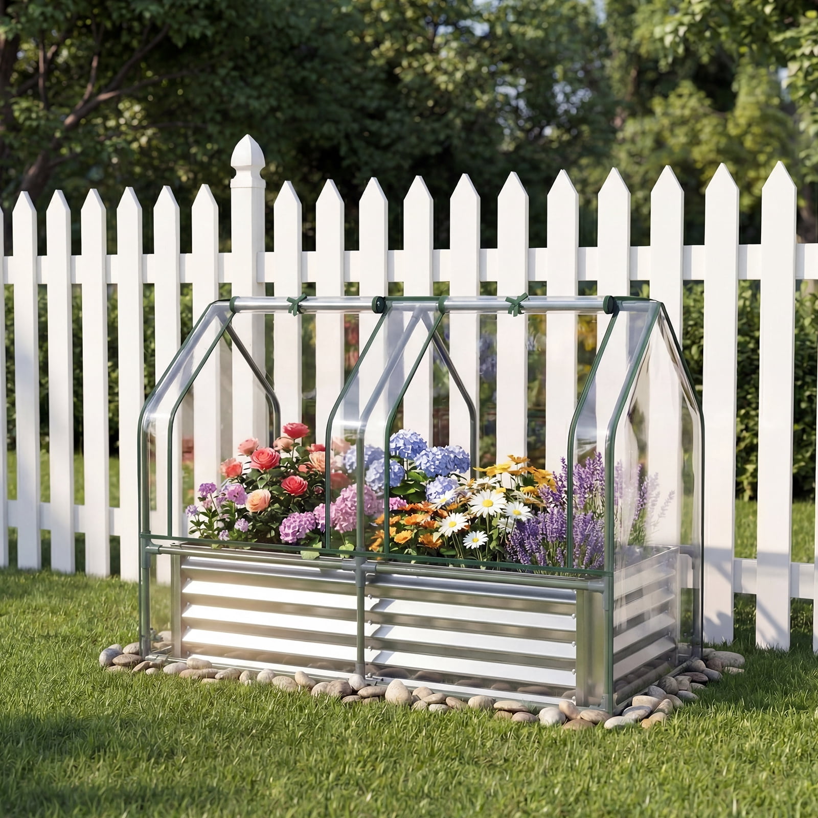 Gymax 4 x 2 x 3 FT Small Galvanized Raised Garden Bed w/Greenhouse Cover Windows Sliver & Transparent
