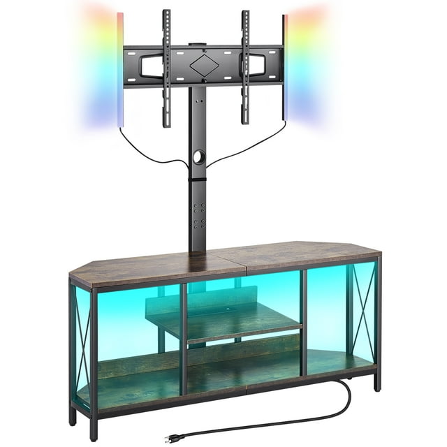 soporte para tv vevor de 45" con soporte para televisores de hasta 75" centro de entretenimiento con toma de corriente y luces led, vista frontal centrada de mueble marrón de 3 niveles con tablero efecto madera y estructura de acero negra, columna con soporte VESA integrado, orificio pasacables y 2 tubos de luz magnéticos; tira LED interior controlable por control remoto/app, estación de carga con 4 tomas y 2 puertos USB y cable de 2 m; suele usarse como centro de medios para consolas y reproductores.