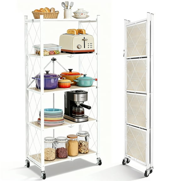 COOKCOK 5-Tier Storage Shelving Unit, Folding Bookshelf, Metal Shelf 27.9"x13.4"x62.5, Foldable Storage Shelf with Wheels, Garage Shelf, Kitchen Shelf, No Assemble Require, White