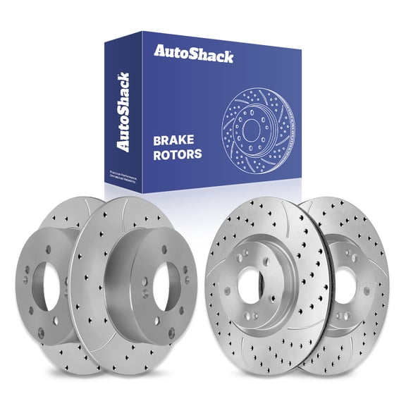 AutoShack Front & Rear Brake Rotors for Kia, Forte 2010-2013 Forte Koup 2010-2013, FWD L4 2.4L - Coated Drilled & Slotted - Silver Matte Finish - TurboGuard