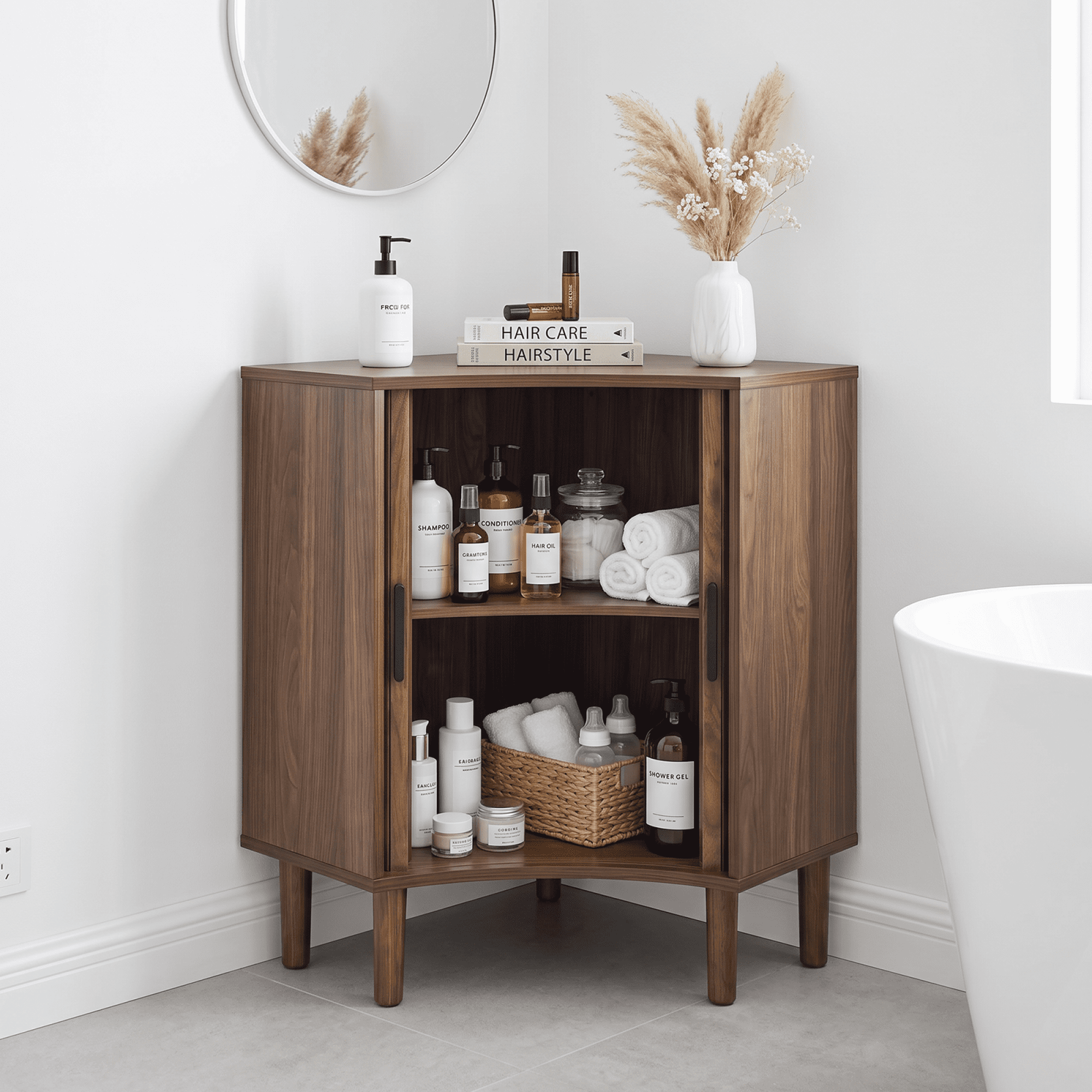 Leumius Fluted Corner Cabinet, Small Corner Floor Cabinet with Sliding Doors and Adjustable Shelves, Modern Wooden Freestanding Narrow Storage Cabinet for Living Room,Dining Room,Bathroom, Walnut