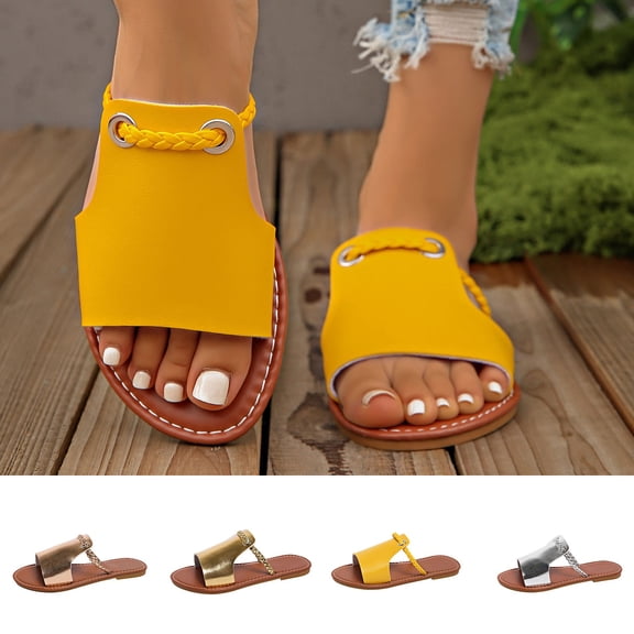 Miluxas Summer Slippers Women Solid Color Braided Simple Daily Beach Slippers Yellow 9.5(43)