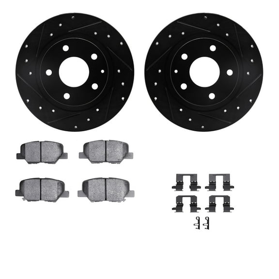 Dynamic Friction Company Rear Brake Rotors-Drilled and Slotted-Black with 5000 Advanced Brake Pads includes Hardware 8512-80046