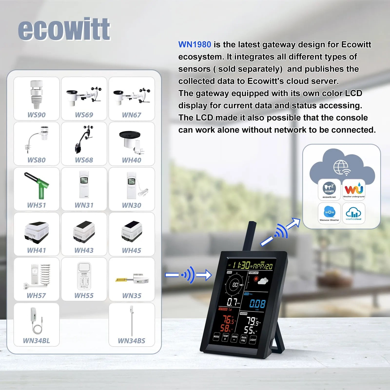 Weather Station Display Console Receiver WLAN Self-contained Barometric Temperature Humidity ,High Precision