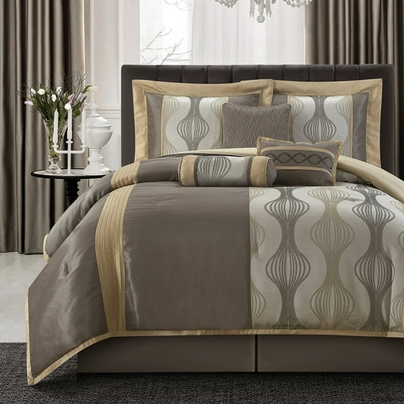 Lanco 7 Piece Grey Gold Comforter Set, California King Size Jacquard Bedding Set, All Season Geometric Patchwork Bedding Set, Matching Pillows , Shams , Bed Skirt