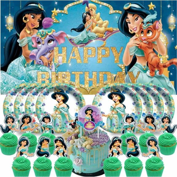 Jasmine Princess for Party Supplies Birthday Decorations Plates Banner Kids Cake Toppers Set Decor