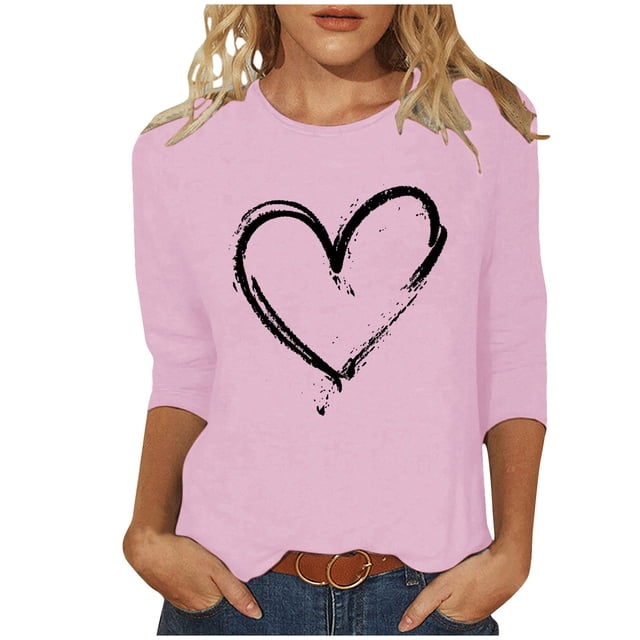 Tnhcen T-Shirt Basique à Manches 3/4 et Col Rond Imprimé Cœur pour Femmes, Coupe Ample, Automne - Tops Amicals Grande Taille P-5TG