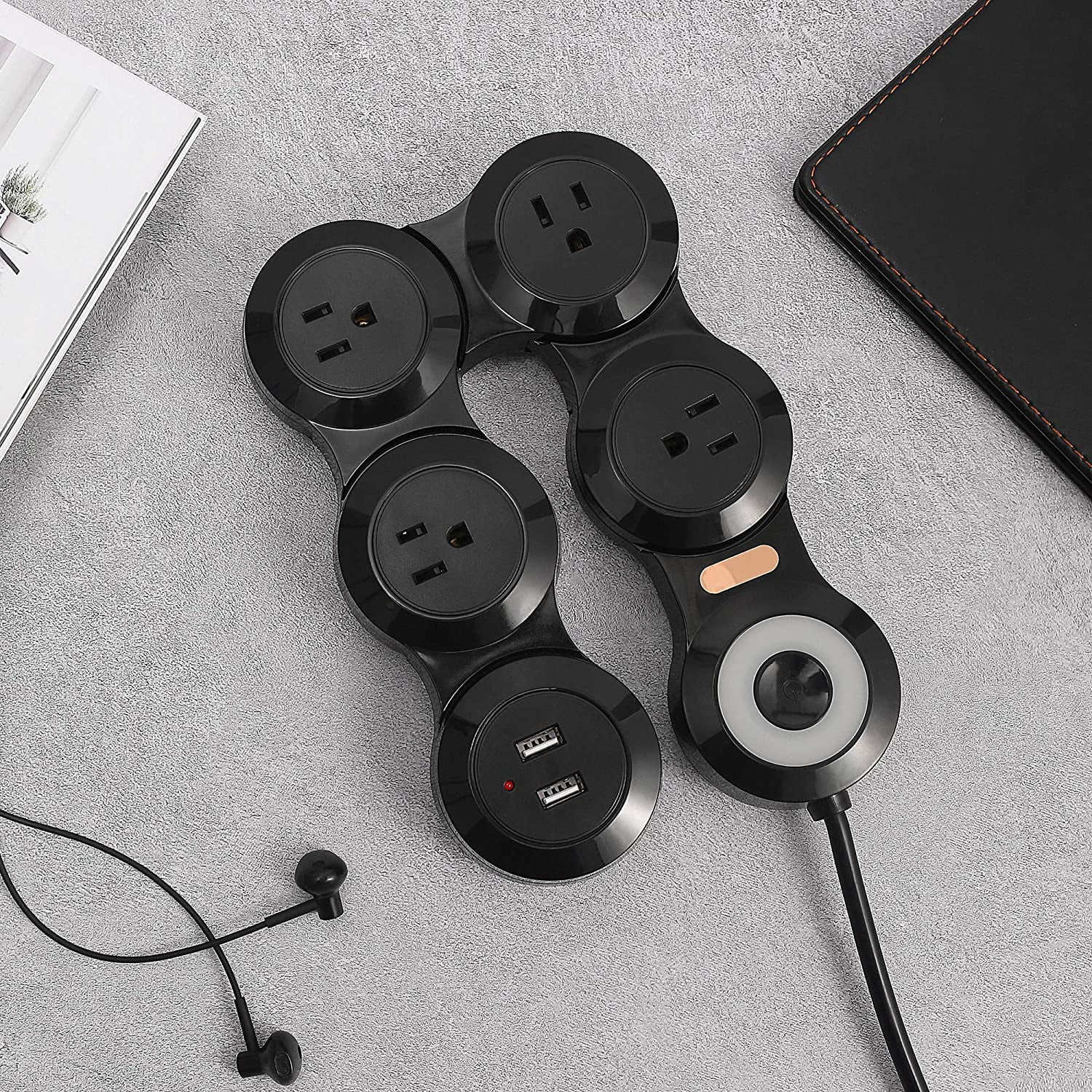 Flexible Surge Protector Power Strip 6 Feet Long Cord 4 Outlets 2 USB （10V/13amp Flat Plug） with Overload Protection Extension Cord Suitable for Home Office Travel Black