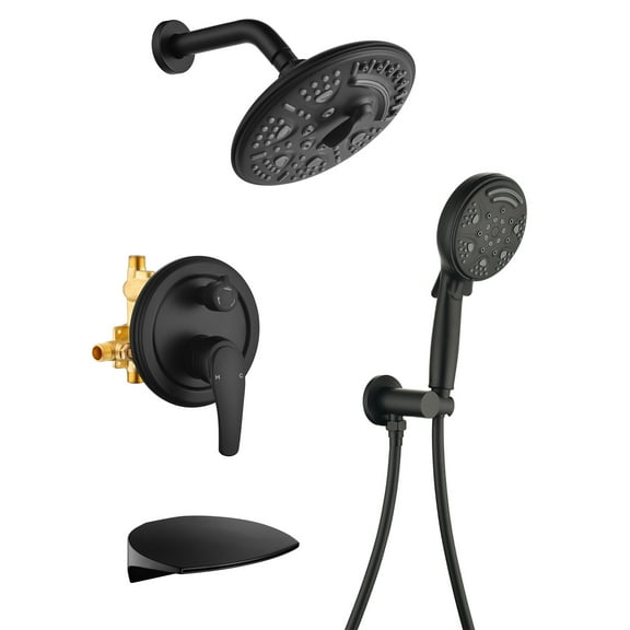 Cobbe 8-Inch Shower System with Waterfall Tub Spout, 6-Spray Showerhead and 9-Spray Handheld Showerhead Matte Black