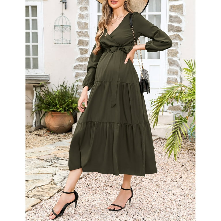 maternity long dresses casual Women's Maternity V Neck Wrap Maxi Summer Dress Short Sleeve Boho Casual Nursing Dresses