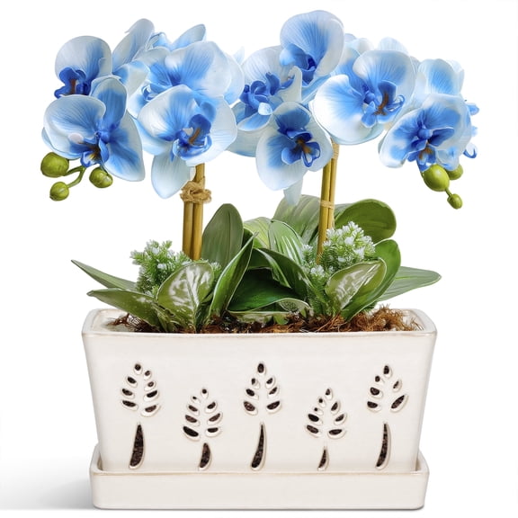 10 Inch White Leaf Ceramic Orchid Pot with Holes, Rectangular Slotted Planter with Saucer, Elegant Floral Cutouts Window Box for Better Root Health, Decorative Indoor Flower Pot for over 2 Orchids
