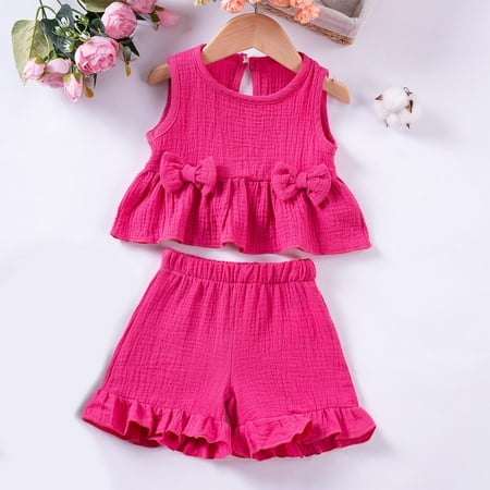 DAETIROS Outfit Sets for Little Girls-Casual Soft Fashion Cotton Solid Ruffle Top and Pleated Shorts Girls Summer Clothing Hot Pink Size 5 Years