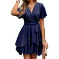 thumbnail image 2 of Women's Party Dress V-Neck Solid Color Waist Defining Irregular Hem Elegant Midi Dress for Spring Fall Banquet Date Night,Dark Blue,S, 2 of 6