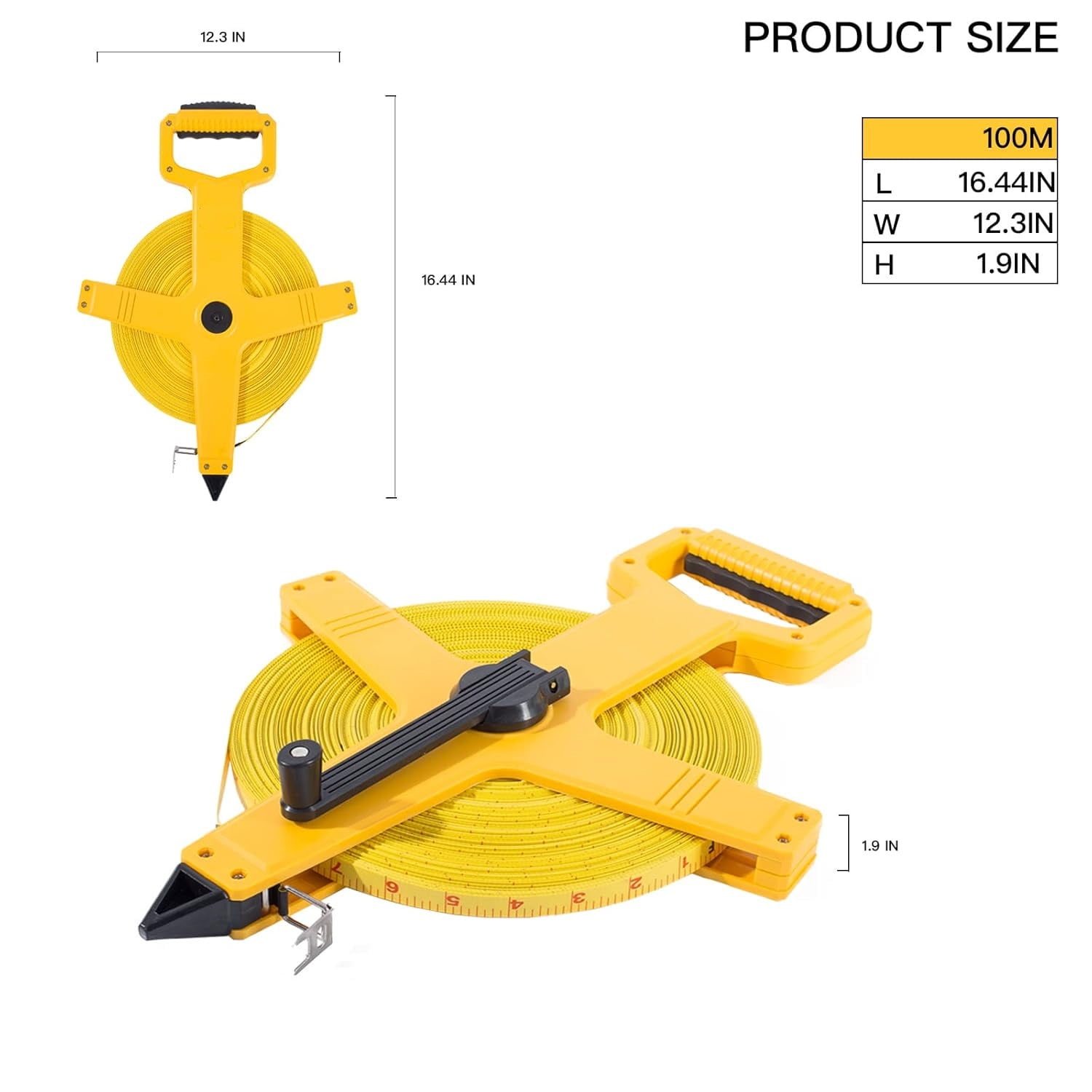 Open Reel Fiberglass Tape Measure, 330 Foot Tape Measure by 1/2-Inch, Inch/Metric Scale for Engineer,Outdoor, Athletic Field, Impact Resistant ABS Shell