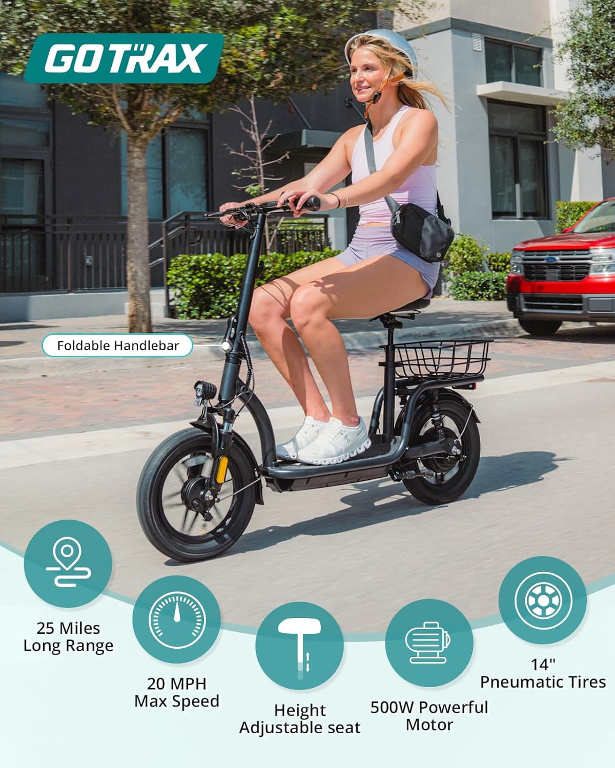 GOTRAX FLEX ULTRA Electric Scooter with Seat, 14" Tire 15.5Mph Power by Peak 500W Motor Comfortable EBike with Carry Basket for Adult
