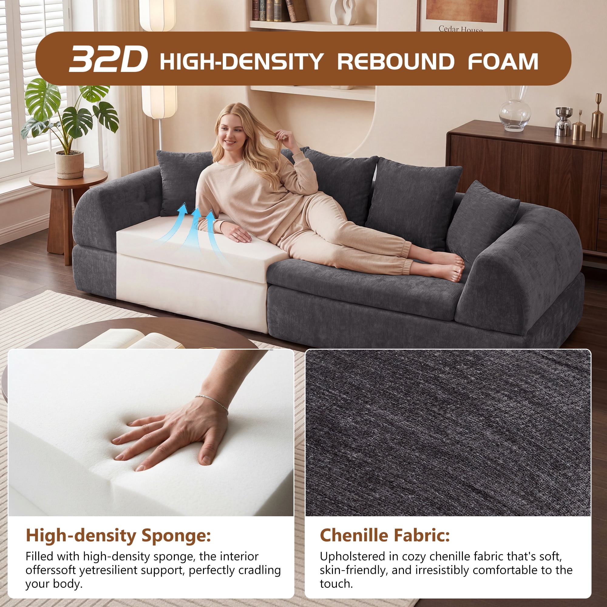 Leumius Cloud Sectional Sofa,3 Seater Boneless Couch with Deep Seat,Modern Sofa with 5 Pillows for Living Room Bedroom,No Assembly,Gray