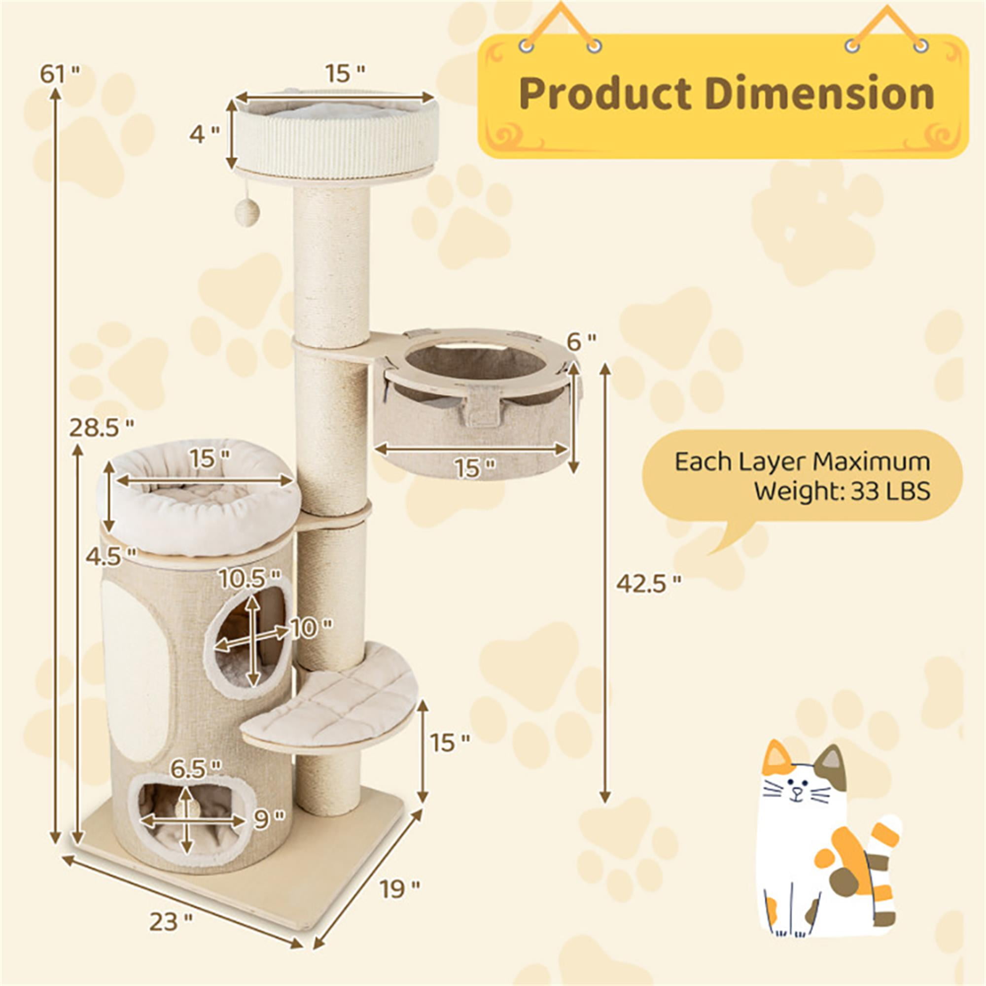 Kadyn 61" Cat Tree with Scratching Post, Cat Tower with with 2 Stoery Cat Condo and Top Perch, Multi-Platform Cat Tree House, Beige
