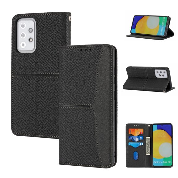 Wallet Case for Samsung Galaxy A53 5G, Solid Color PU Leather and TPU Edge Impact Resistant Card Cash Slots Shockproof Protective Cover with Removable Hand Strap For Samsung Galaxy A53 5G,Black