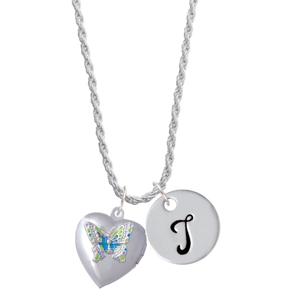 Delight Jewelry Silvertone Lime Green & Hot Blue Butterfly Locket Silvertone Script Initial Disc - T - Charm Necklace, 20"+3"