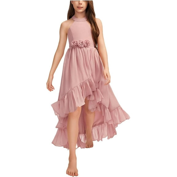 Drtj 2-14T Chiffon Flower Girls Dresses Wedding Party Halter Sleeveless Junior Bridesmaid Dress