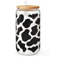 thumbnail image 1 of Vaso de cristal SANDJEST con estampado de vaca con tapa de bambú y pajita 470 ml, 1 of 7