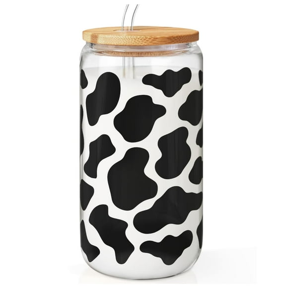 Vaso de cristal SANDJEST con estampado de vaca con tapa de bambú y pajita 470 ml