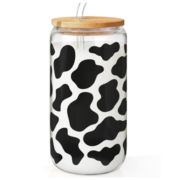 Vaso de cristal SANDJEST con estampado de vaca con tapa de bambú y pajita 470 ml