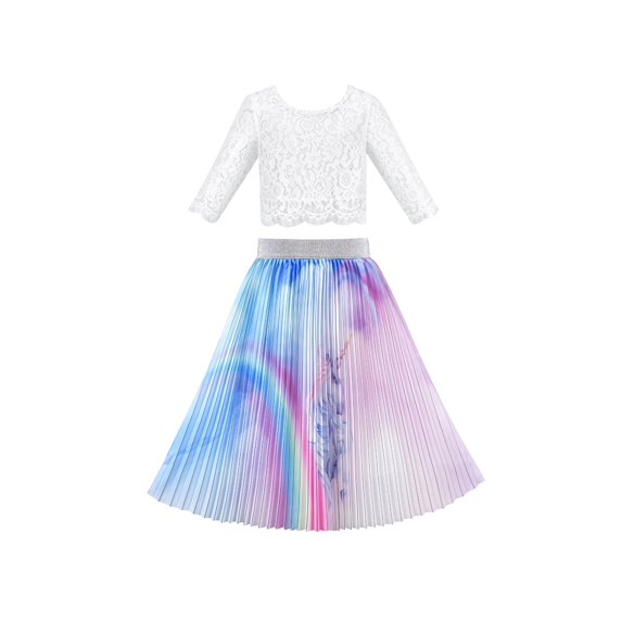 Girls Dress Pleated 2 Piece Set Lace Crop Top Rainbow Unicorn 6 Years
