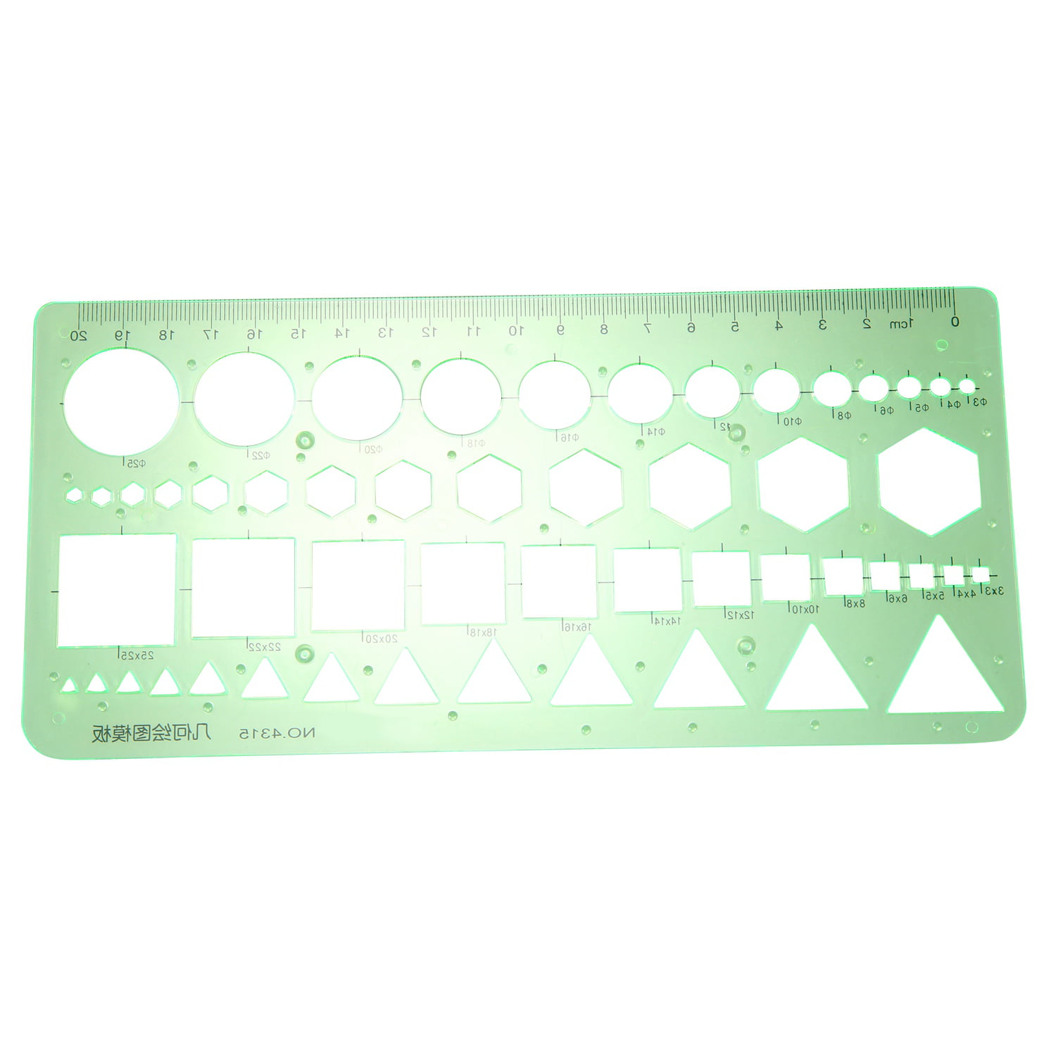 Green Plastic Circles Squares Hexagons Geometric Template Ruler 0-20cm G3U1 
