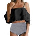 thumbnail image 1 of Women Bikini Set Two Piece Off Shoulder Ruffled Flounce Crop Bikini Top with High Waisted Black and White Stripes Printed Bottom, Fashionable and Creative Color Blending XL, 1 of 4