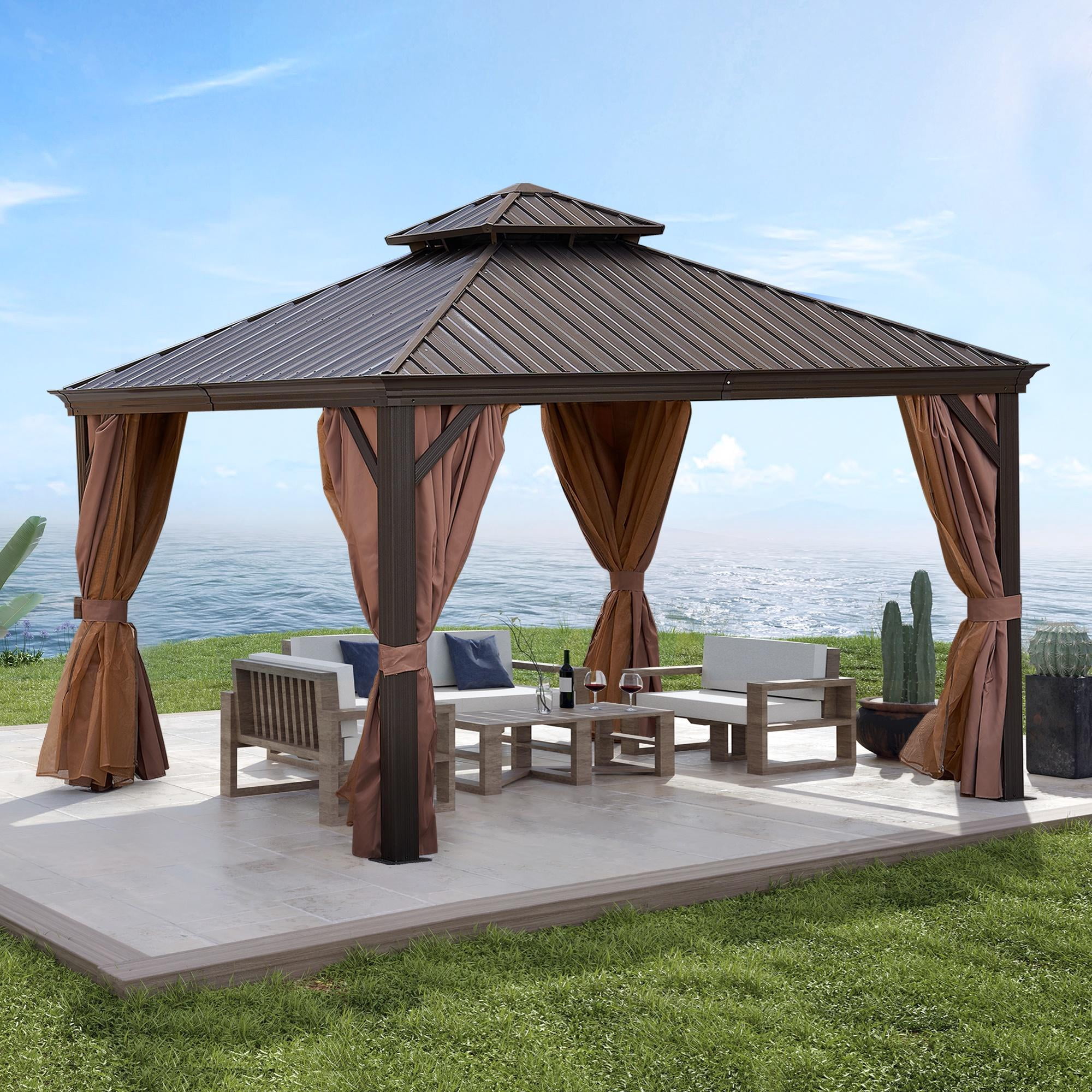 Segmart 12' x 12' Patio Hardtop Gazebo, Outdoor Galvanized Steel Aluminum Metal Double Roof Gazebo with Netting and Curtains, Permanent Patio Gazebo Pavilion for Backyard, Deck, Lawn, Gray