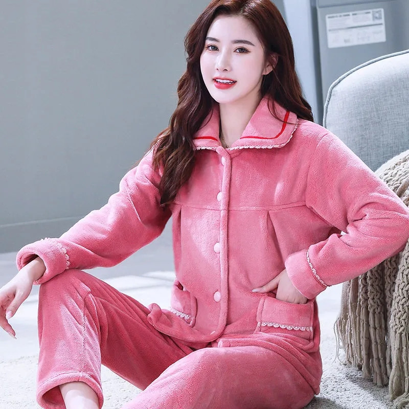 Pyjama Femme En Polaire Corail - 2 Pièces Avec Fermeture éclair Et Poches - Chaud Et Doux - Pour La Maison Ou La Nuit