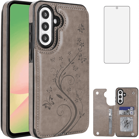 Asuwish Phone Case for Samsung Galaxy A56 5G with Tempered Glass Screen Protector and Card Holder Wallet Cover Stand Flip Leather Cell Accessories A 56 56A LTE SM-A566V Women Men Gray