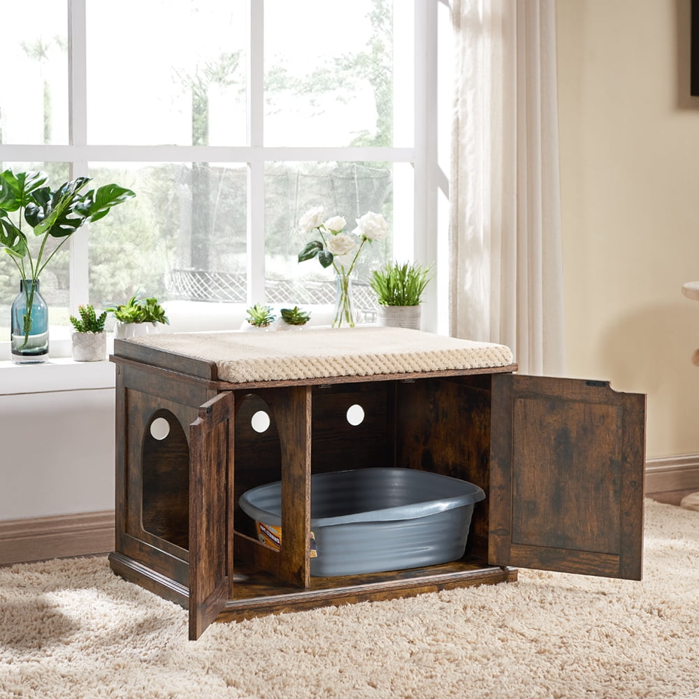 Unipaws Designer Cat Litter Box Furniture, Cat Washroom Storage Bench, Rustic