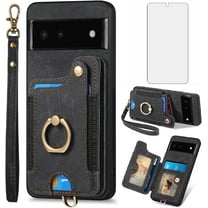 Phone Case for Google Pixel 6 Wallet Cover with Tempered Glass Screen Protector and Wrist Strap Lanyard RFID Credit Card Holder Ring Stand Cell Accessories Pixel6 Pixle Six Women Men Black