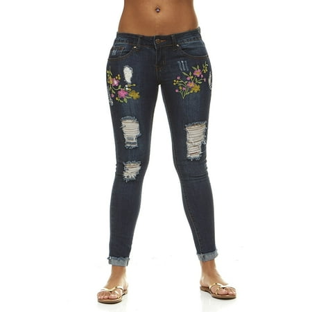 Women's Classic or Ripped Skinny Jeans With Floral or Studs In Light and Dark