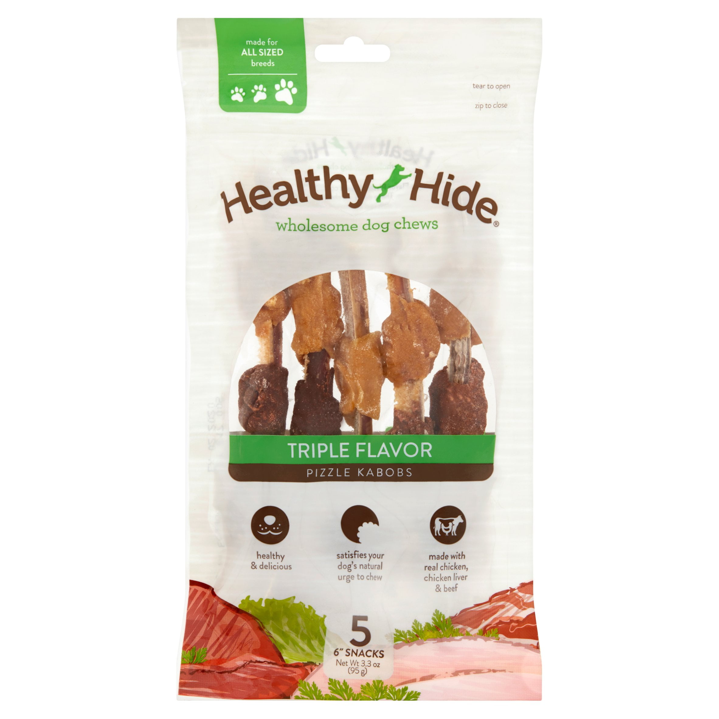 Healthy Hide Triple Flavor Pizzle Kabob 6" Rawhide Dog Chews, 5 Count