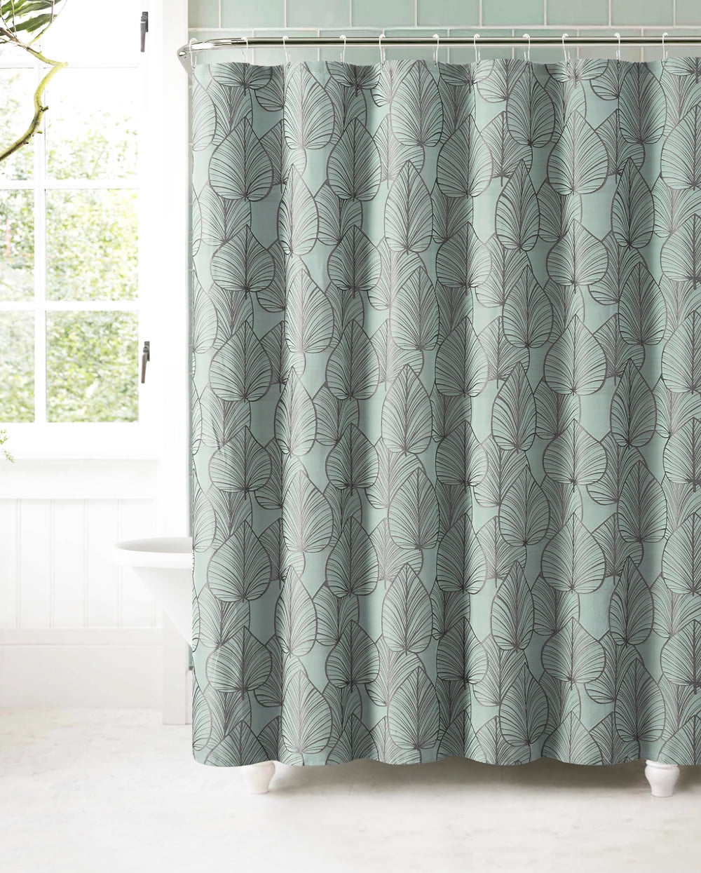 Slate Blue Jacquard Fabric Shower Curtain Gray Textured Leaf Design 70