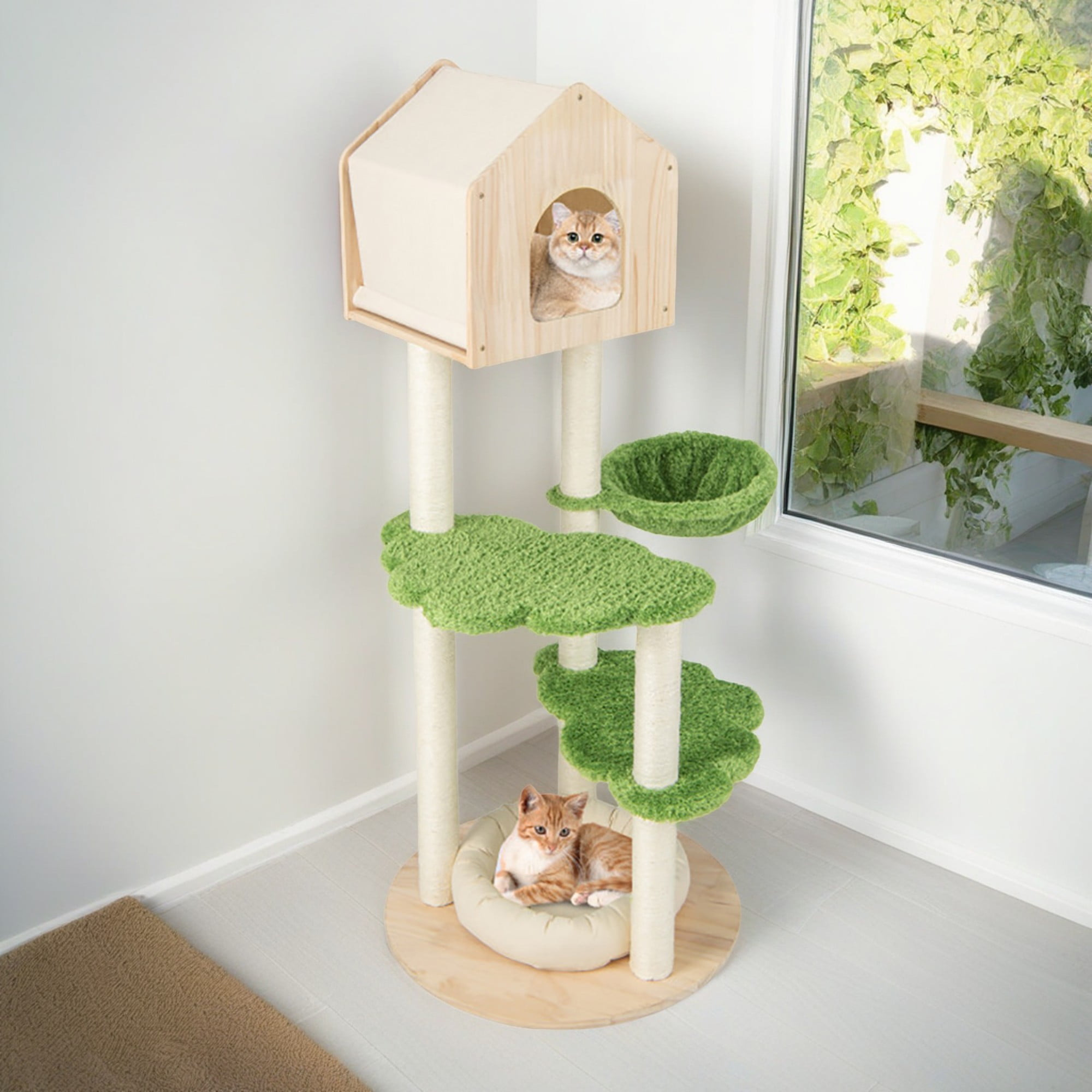 resenkos 55" Cat Tree Tower for Indoor Cats, Multi-Level Cat Condo, Soft Cat Bed, Scratching Posts, Hammock, Cat Climbing Stand for Kittens, Beige