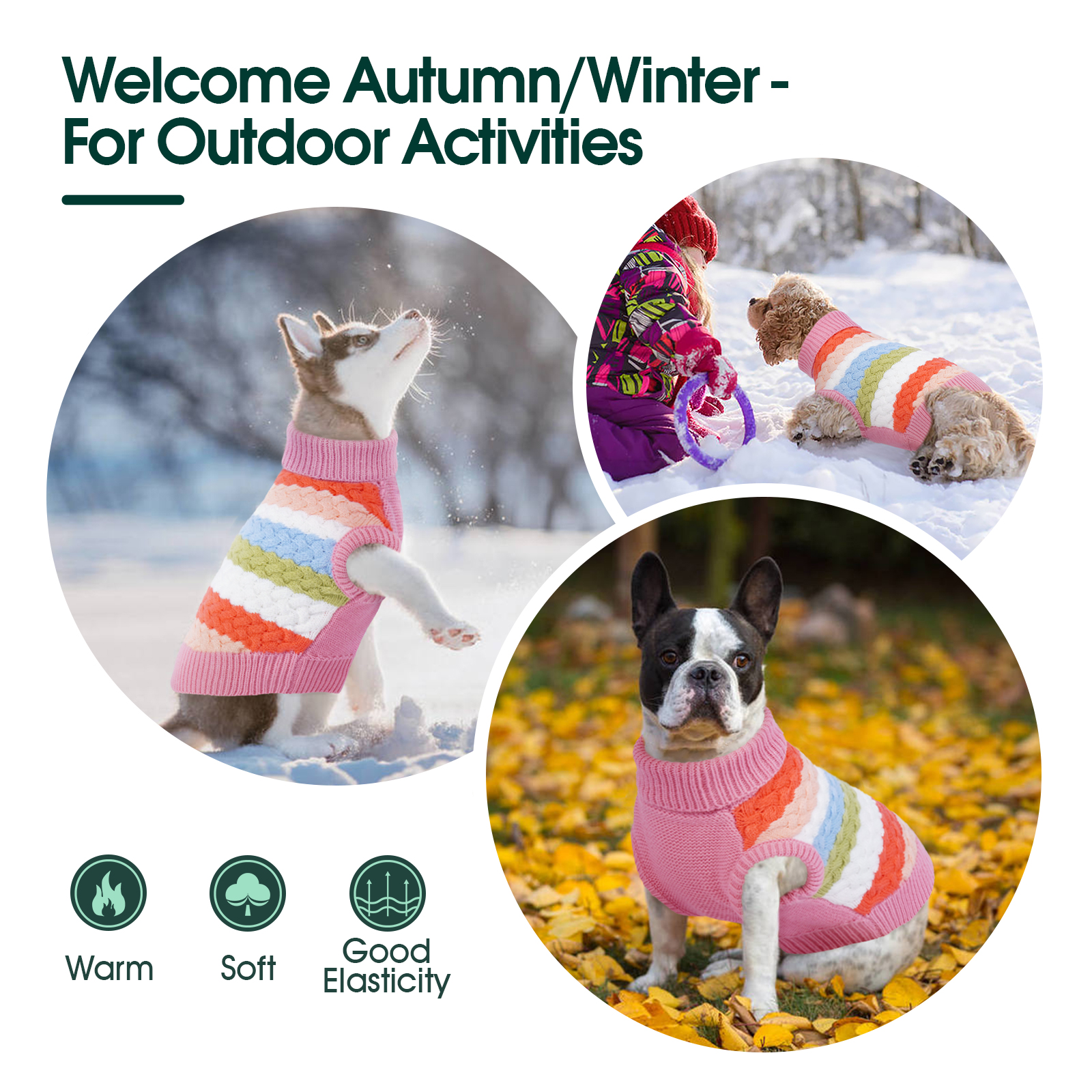 Kuoser Dog Sweater Warm Pet Knitwear Soft Winter Clothes for Dogs and Cats, Pink, M