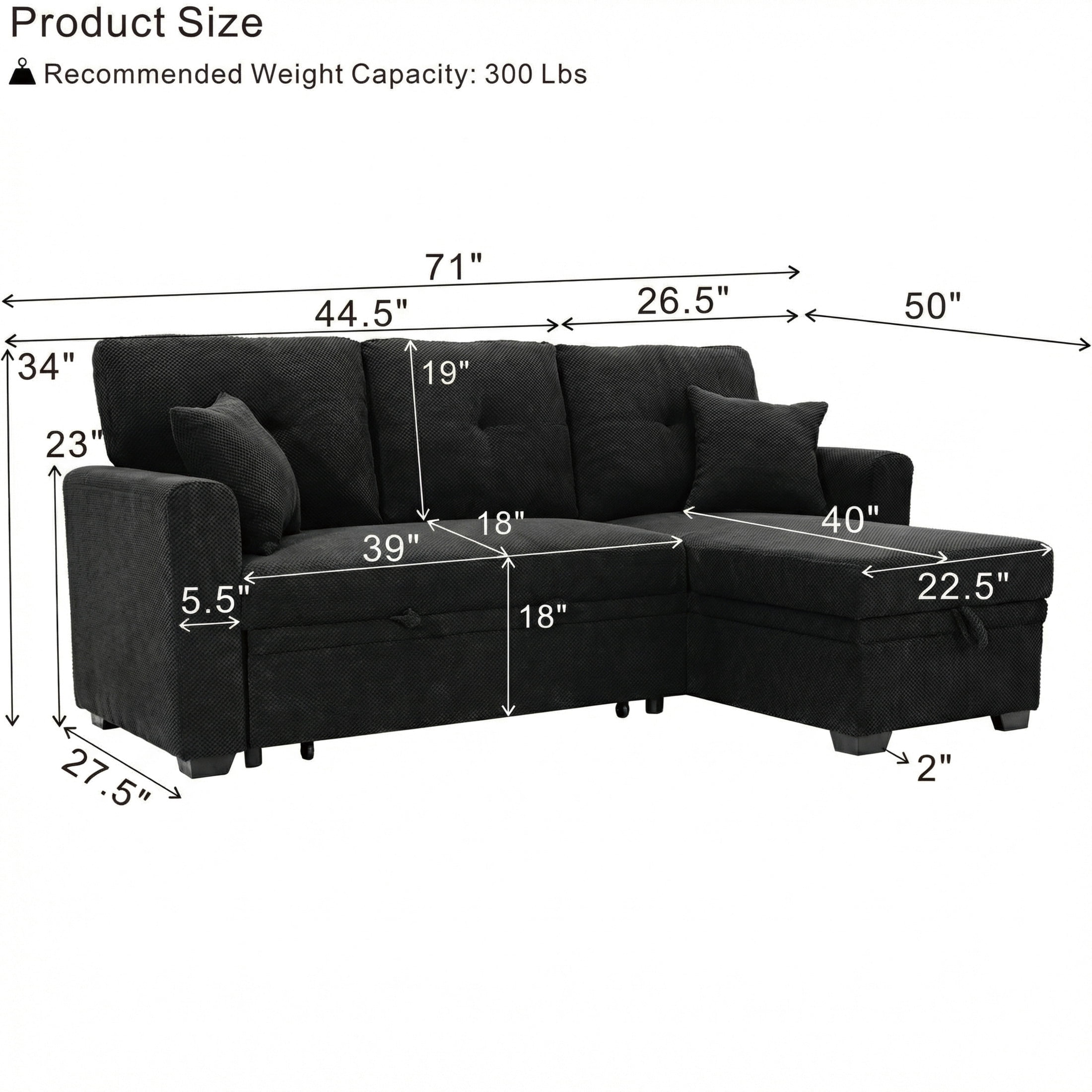 Noble House Sleeper Sectional Sofa with Pull-Out Bed, Reversible Storage Chaise, Black