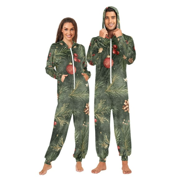 Christmas Green Adult Onesie Pajamas Slim Fit Christmas One Piece Suit Pjs for Women and Men Hooded Zipper