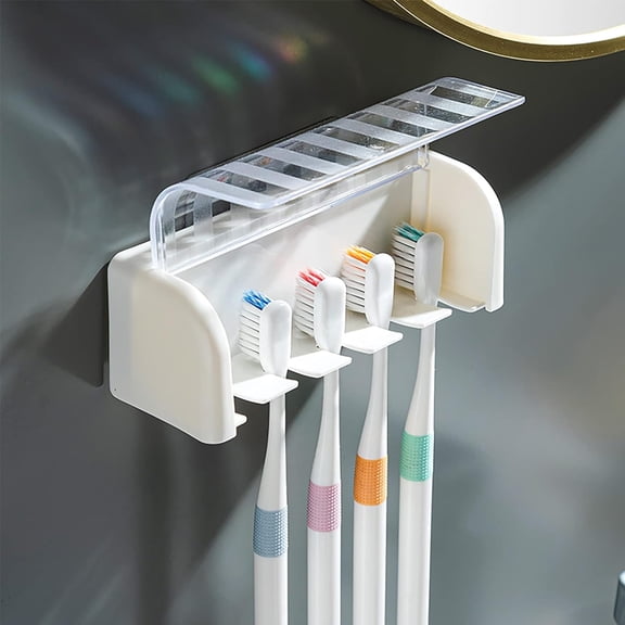 BPPEG 5 Slots Toothbrush Holder Wall Mount with Cover, Self Adhesive Toothbrushes Storage Organizer Perfect for Dorm Bathrooms and Shower, Holds 5 Toothbrushes. (White)
