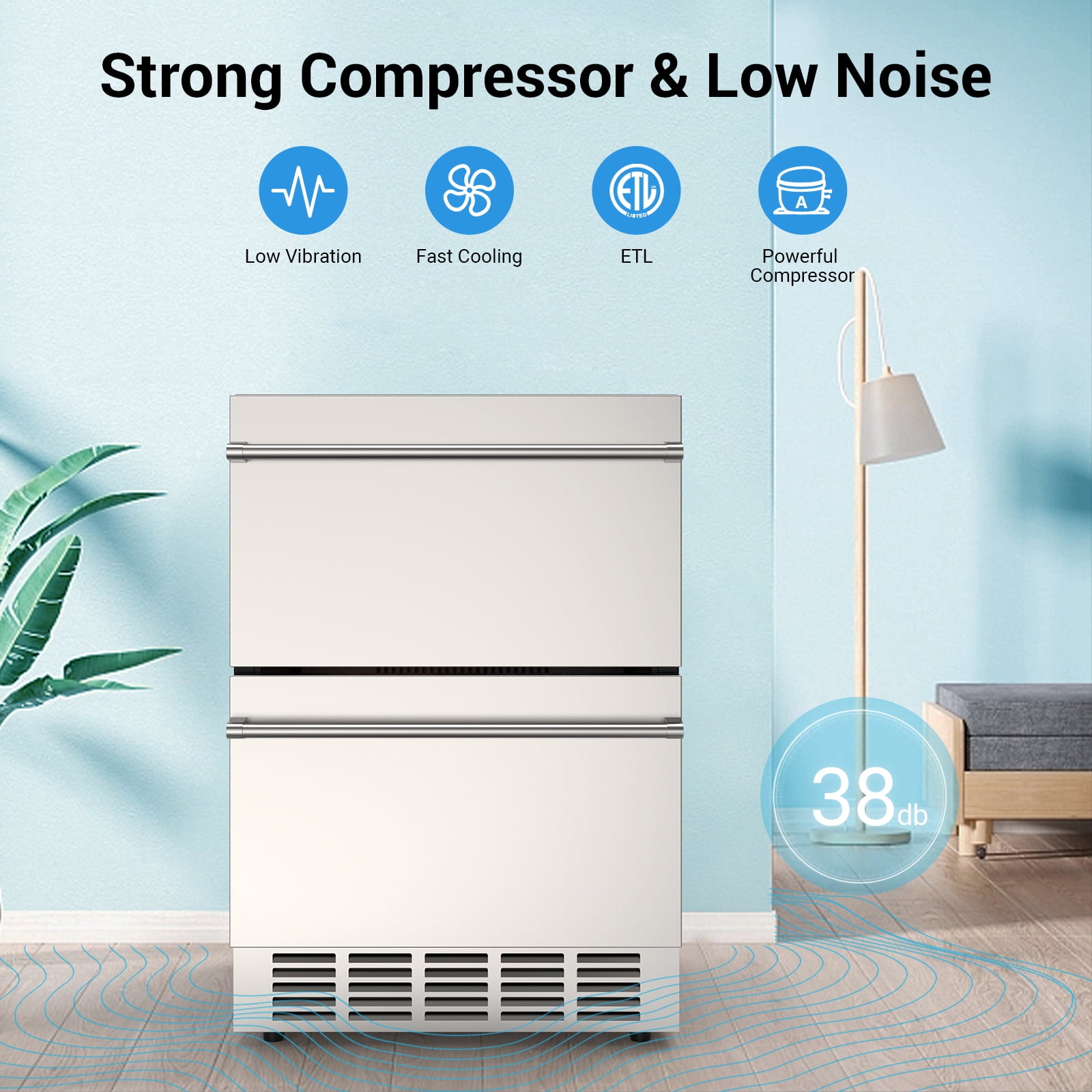Joreek 24 Inch Under Counter Double Drawer Fridge Two Drawer Refrigerator Indoor Beverage Refrigerator, Stainless Steel Beverage Fridge for Home & Commercial Use (Foam Door)