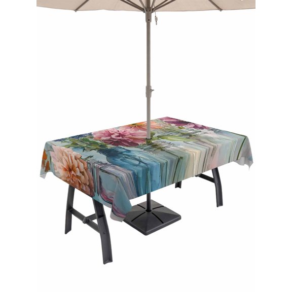 60x102 Inch Outdoor Tablecloth with Umbrella Hole Zipper Rectangle Spring Flowers Rectangular Tablecloths Outside Waterproof Farmhouse Watercolor Floral Leaves Patio Table Cover for Picnic Party