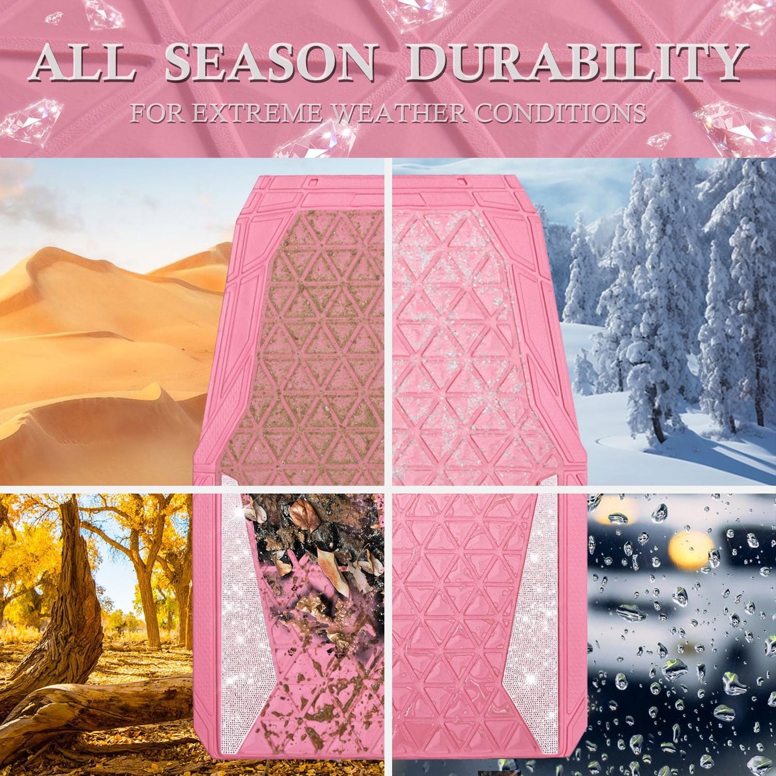 CAR GRAND Bling diamond rubble automotive floor mats full set anti-slip water proof universal fit glitter crystal sparkly shining rhinestone girl woman lady femal pink