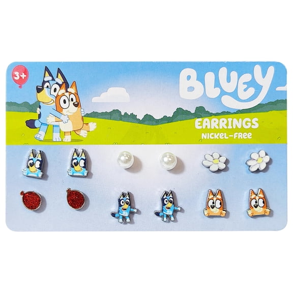 LUV HER Bluey Hypoallergenic Earrings for Girls Ages 4  - Safe Stud & Fishhook Styles - Jewelry Gift for Sensitive Ears & Cartoon Lovers, 6 Pairs