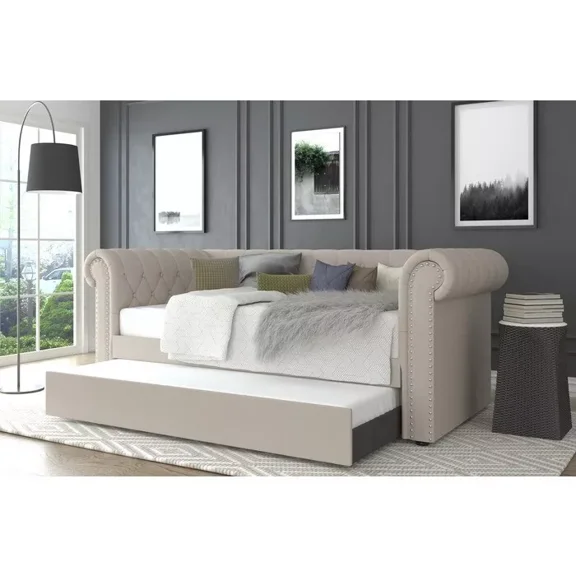 Modern Style Living Room Daybed with Rolled Top Tufted Armrest, Twin/Twin Sofabed with Trundle, Beige