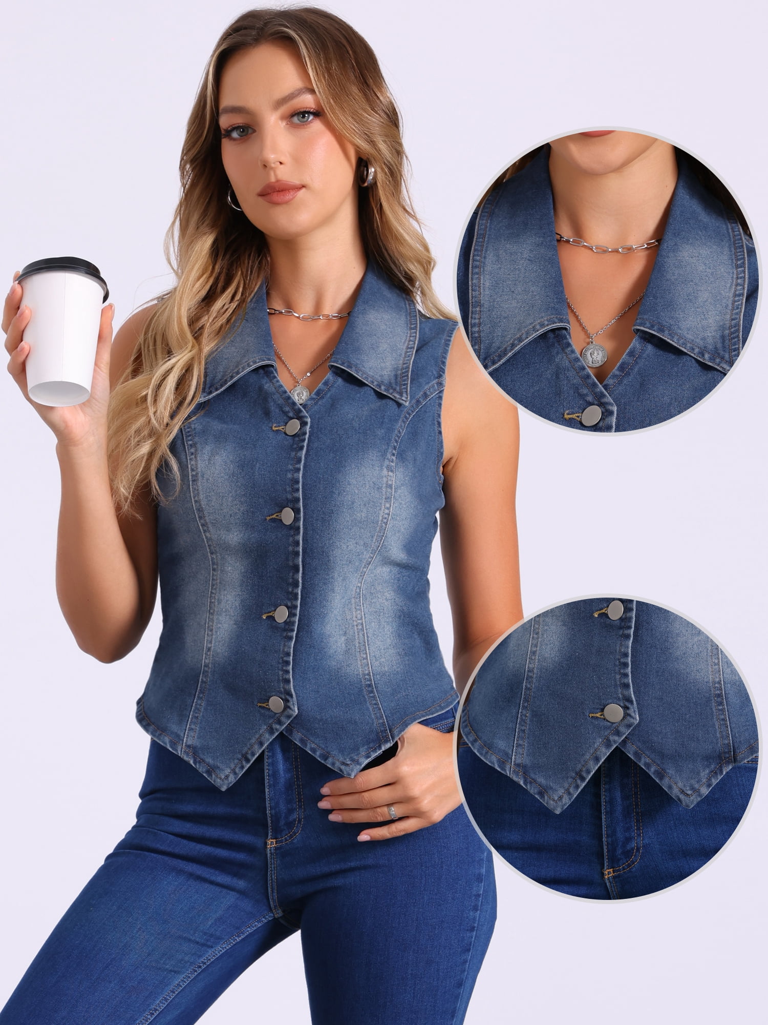 DARING DIVA Women's Denim Vest stays Sleeveless Jean Jacket Tops Button Down Waistcoat XS Blue